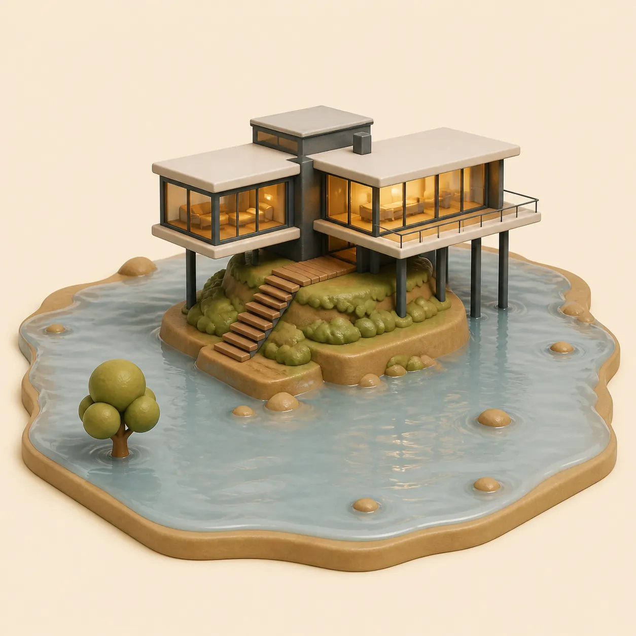 Hochwassersimulation: Eine moderne Villa auf einem erhöhten Hügel und Stelzen, Wasser überschwemmt das Tiefland drumherum