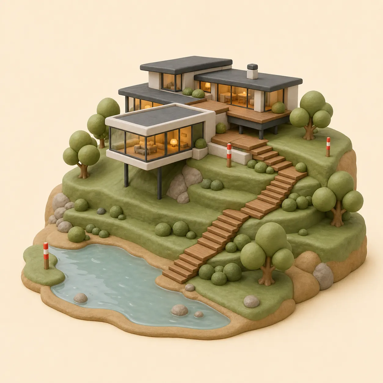 Eine moderne Villa, gebaut in ein Hanggrundstück mit Vermessungspflöcken, Terrassen und einem Teich