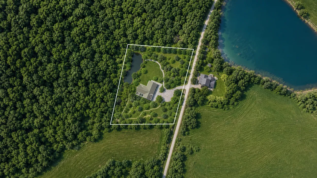 Ein von Wald, einem See, Feldern und einem Nachbarhaus umgebenes Grundstück, gesehen auf einer Satellitenkarte in gardmi