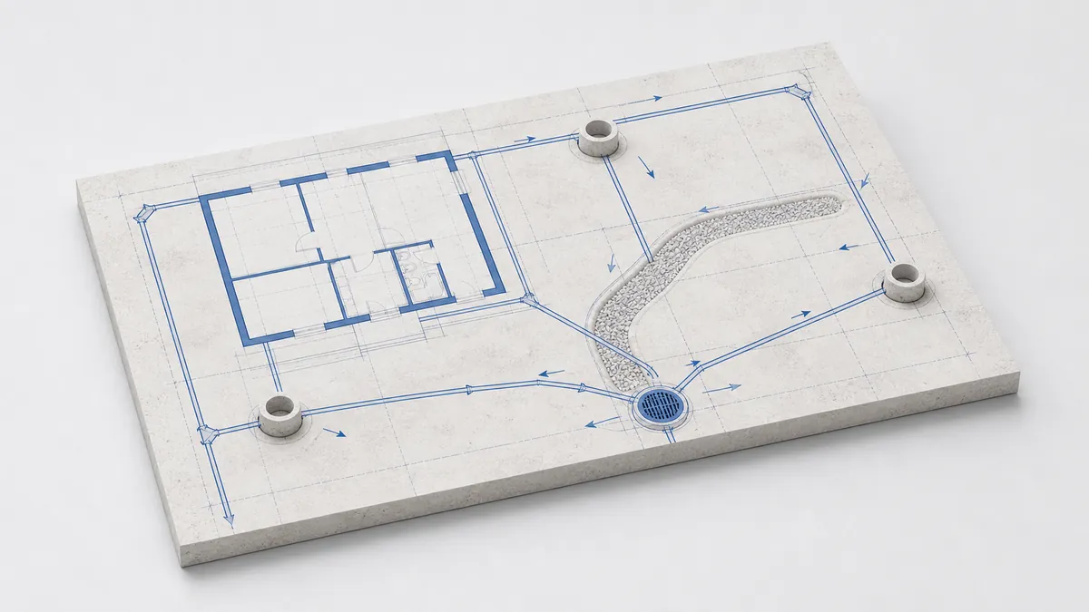 A plot drainage plan in gardmi: drainage pipes routed to inspection wells with flow direction