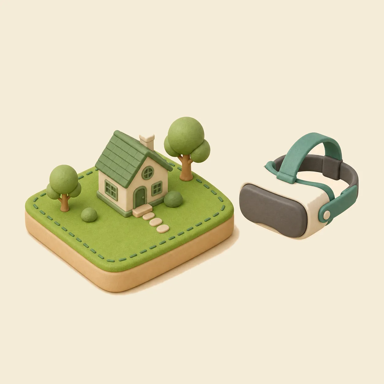 Үйі және VR-шлемі бар бақша учаскесінің 3D моделі