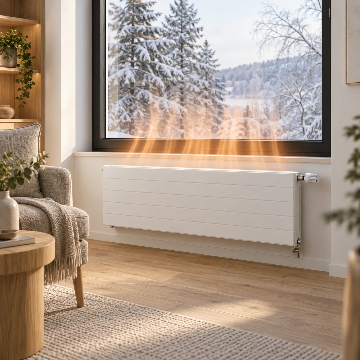 Radiador de panel blanco centrado bajo una ventana con válvula termostática